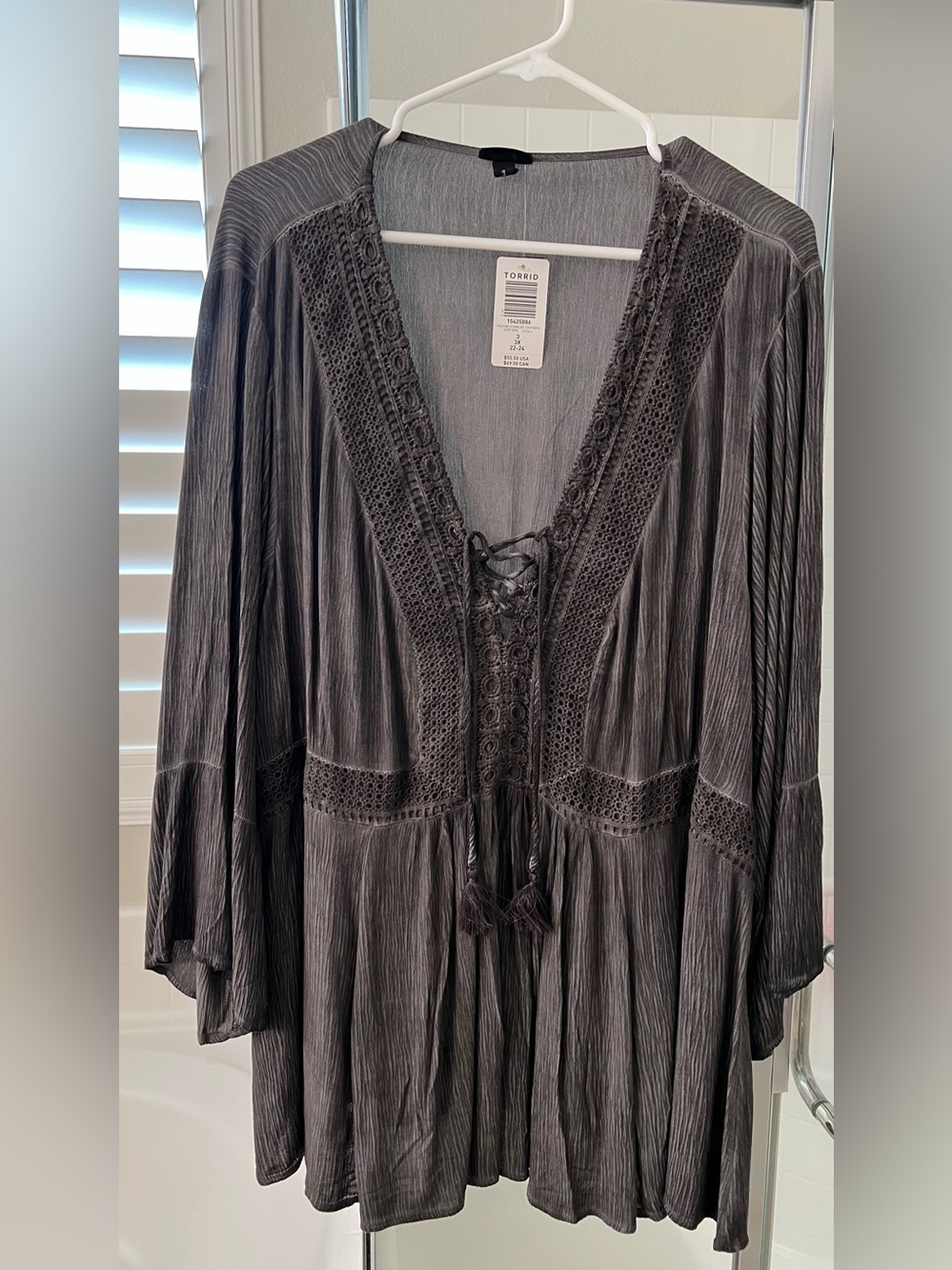 NWT Torrid Gray Lace Inset Lace-Up Babydoll Tunic Top Size 3 3X